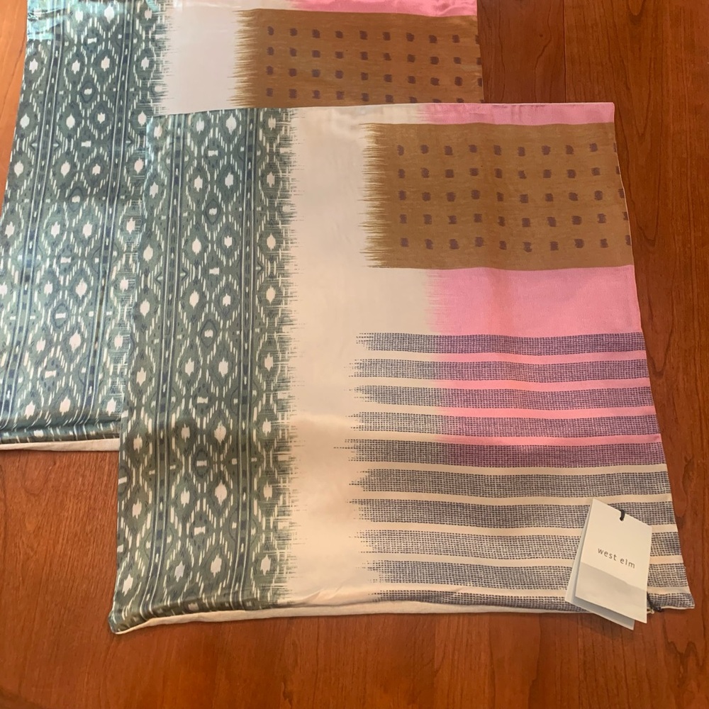 West Elm Blocked Ikat Silk Decorative Pillow Covers Set of Two
